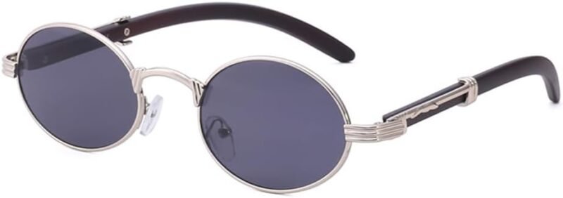 Carsbyvictor Sunglasses Oval Sunglasses for Men Women Classic Vintage Imitation Wood Small Round Black Sunglasses