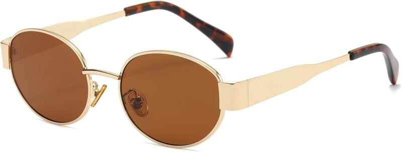 Carsbyvictor Sunglasses Oval Sunglasses for Women Men Fashion Luxury Metal Sun Glasses 90s Vintage Designer style (Gold/Brown)