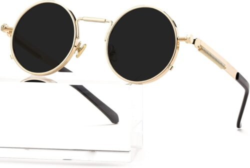 Carsbyvictor Sunglasses Round Steampunk Sunglasses Circle Lennon Glasses Gothic Metal Frame 100% UV Blocking Lens