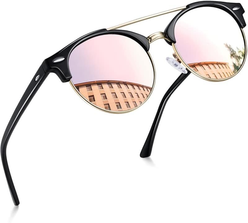 Carsbyvictor Sunglasses Round  Semi-Rimless Sunglasses Half Frame Sun Glasses Brownline Shades for Women Men UV400 Protection