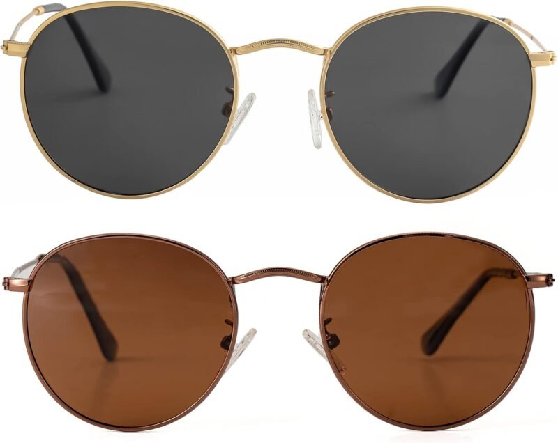 Carsbyvictor Sunglasses Round Small Round Polarized Sunglasses for Men Women Classic Circle Metal Frame Sun Glasses 2 Pack