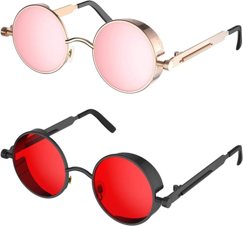 Carsbyvictor Sunglasses Round  Gothic Steampunk Sunglasses for Women Men Round Lens Metal Frame