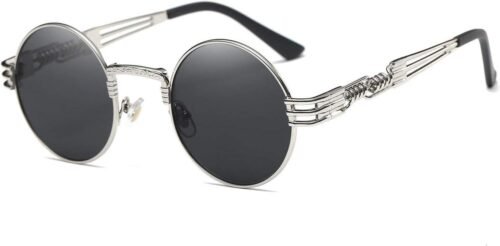 Carsbyvictor Sunglasses Round  Sunglasses Steampunk Metal Classic Frame Mirror Lens(C1:Black Lens+ Silver Frame)