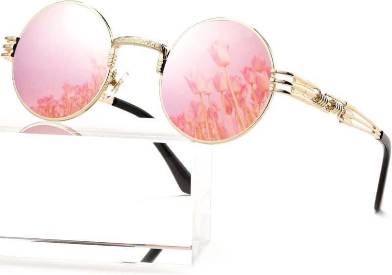 Carsbyvictor Sunglasses Round  Round Steampunk Sunglasses Circle Lennon Hippie Glasses Metal Frame 100% UV Blocking Lens