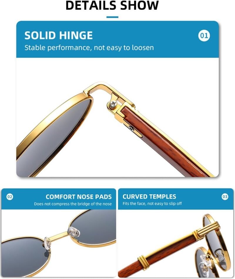 Carsbyvictor Sunglasses Oval Sunglasses for Men Women Classic Vintage Imitation Wood Small Round Black Sunglasses