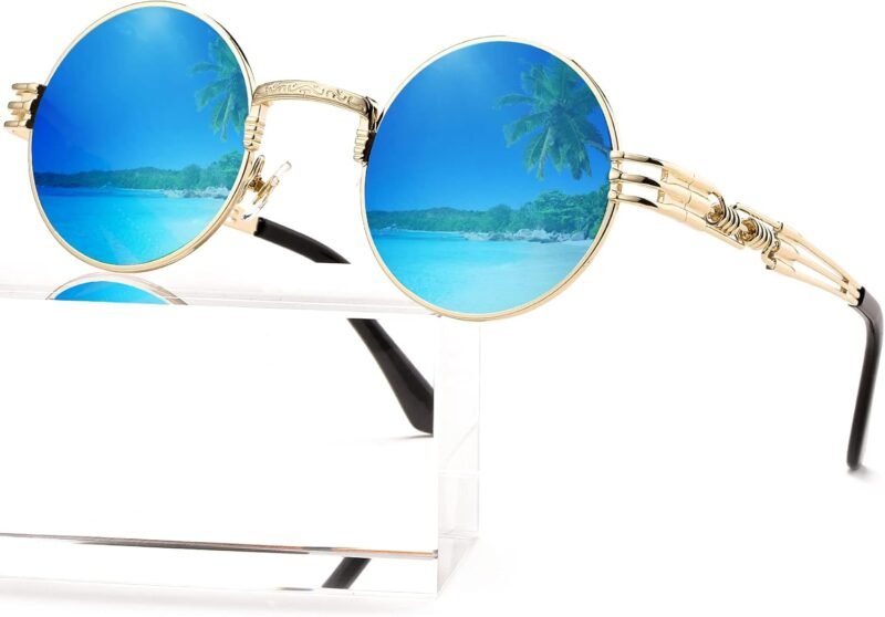 Carsbyvictor Sunglasses Round  Round Steampunk Sunglasses Circle Lennon Hippie Glasses Metal Frame 100% UV Blocking Lens