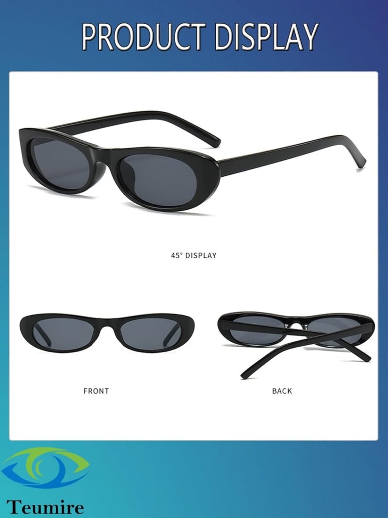 Carsbyvictor Sunglasses Oval Narrow Cat Eye Sunglasses for Women Men 90s Sun Glasses Womens Small Oval Sunglasses Black Shades