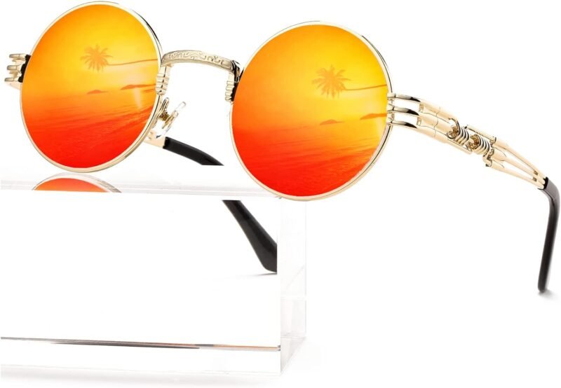 Carsbyvictor Sunglasses Round  Round Steampunk Sunglasses Circle Lennon Hippie Glasses Metal Frame 100% UV Blocking Lens