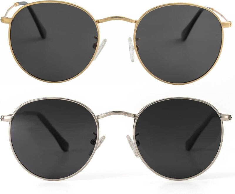 Carsbyvictor Sunglasses Round Small Round Polarized Sunglasses for Men Women Classic Circle Metal Frame Sun Glasses 2 Pack