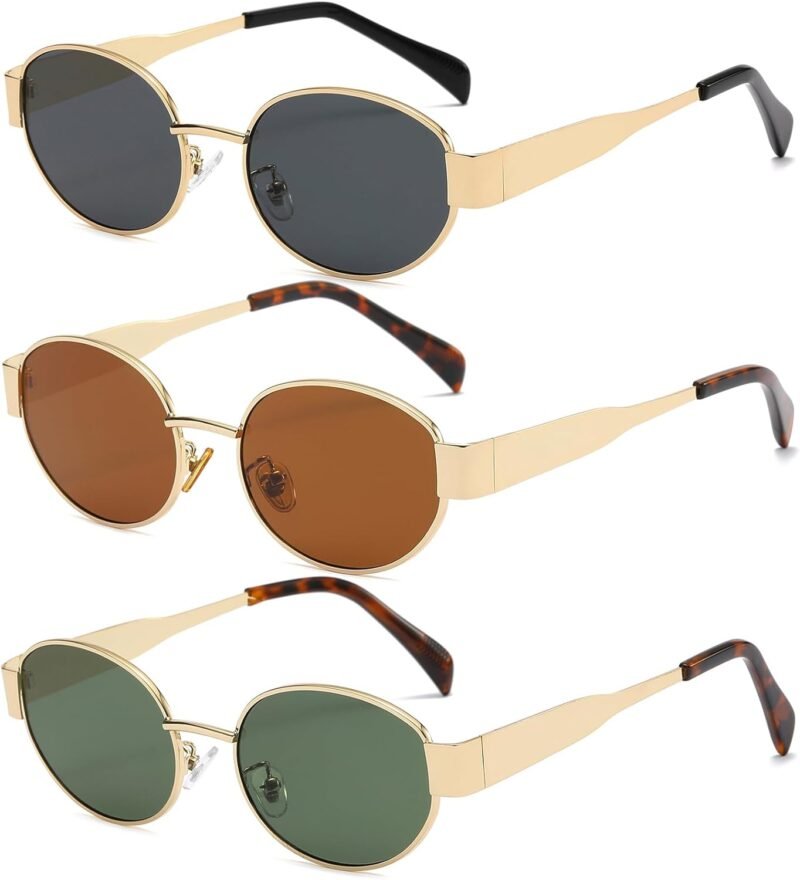 Carsbyvictor Sunglasses Oval Sunglasses for Women Men Fashion Luxury Metal Sun Glasses 90s Vintage Designer style (Gold/Brown)