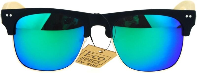 Carsbyvictor Sunglasses Browline Real Bamboo Temple Sunglasses Square Matted Top Mirror Lens UV 400
