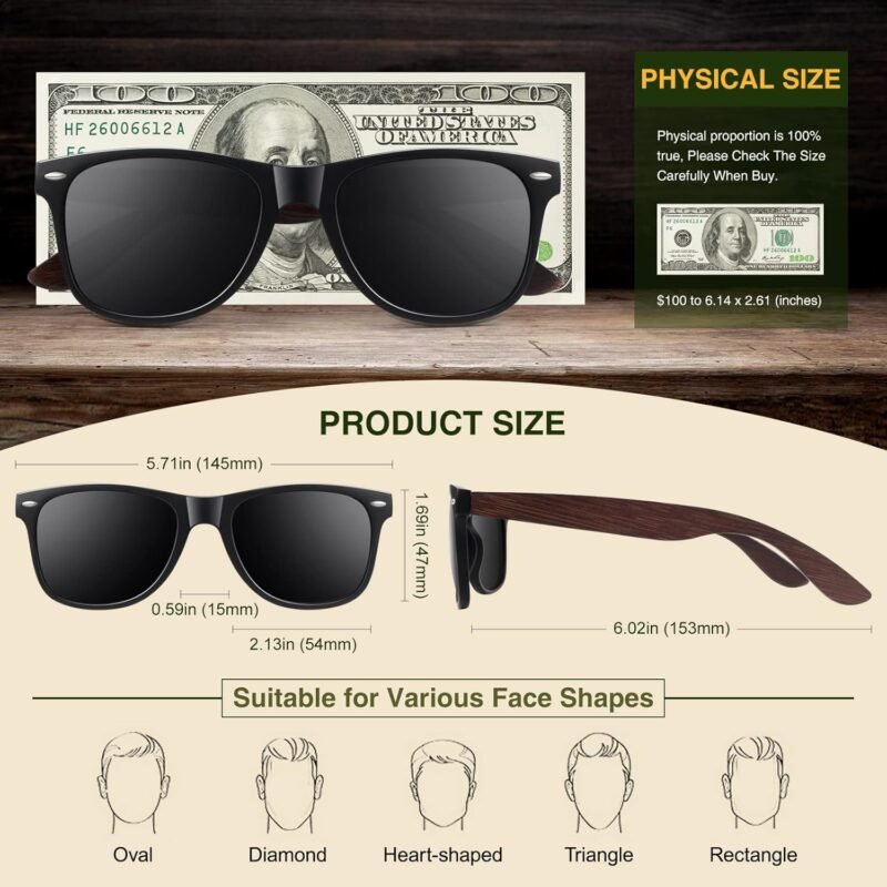 Carsbyvictor Sunglasses Polarized Sunglasses Wayfarerfor Men Women with Wood Temples,Retro Dark Lenses Driving Fishing UV400 Protection