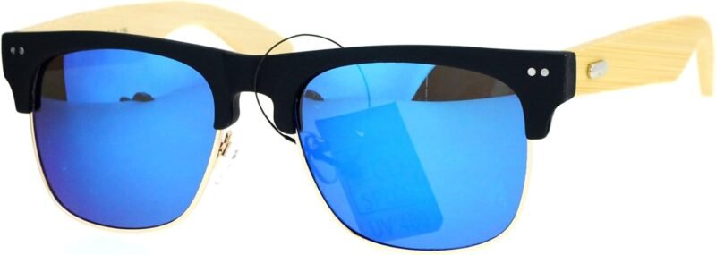 Carsbyvictor Sunglasses Browline Real Bamboo Temple Sunglasses Square Matted Top Mirror Lens UV 400