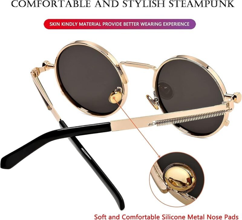 Carsbyvictor Sunglasses Round Steampunk Sunglasses Circle Lennon Glasses Gothic Metal Frame 100% UV Blocking Lens