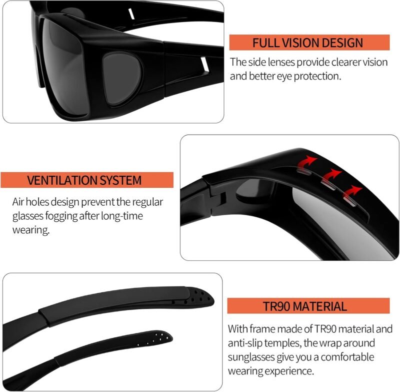 Carsbyvictor Sunglasses Wraparound Fit Over Glasses for Men Women, Polarized, UV400 Protection, Wrap Around Sunglasses