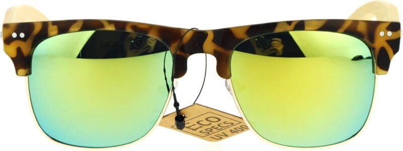 Carsbyvictor Sunglasses Browline Real Bamboo Temple Sunglasses Square Matted Top Mirror Lens UV 400