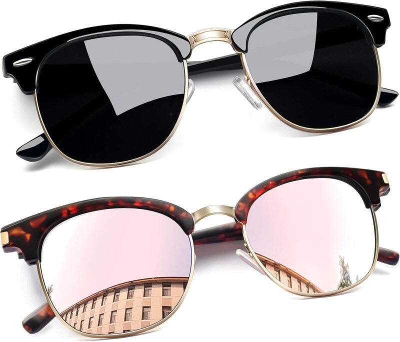 Carsbyvictor Sunglasses Round  Semi-Rimless Sunglasses Half Frame Sun Glasses Brownline Shades for Women Men UV400 Protection