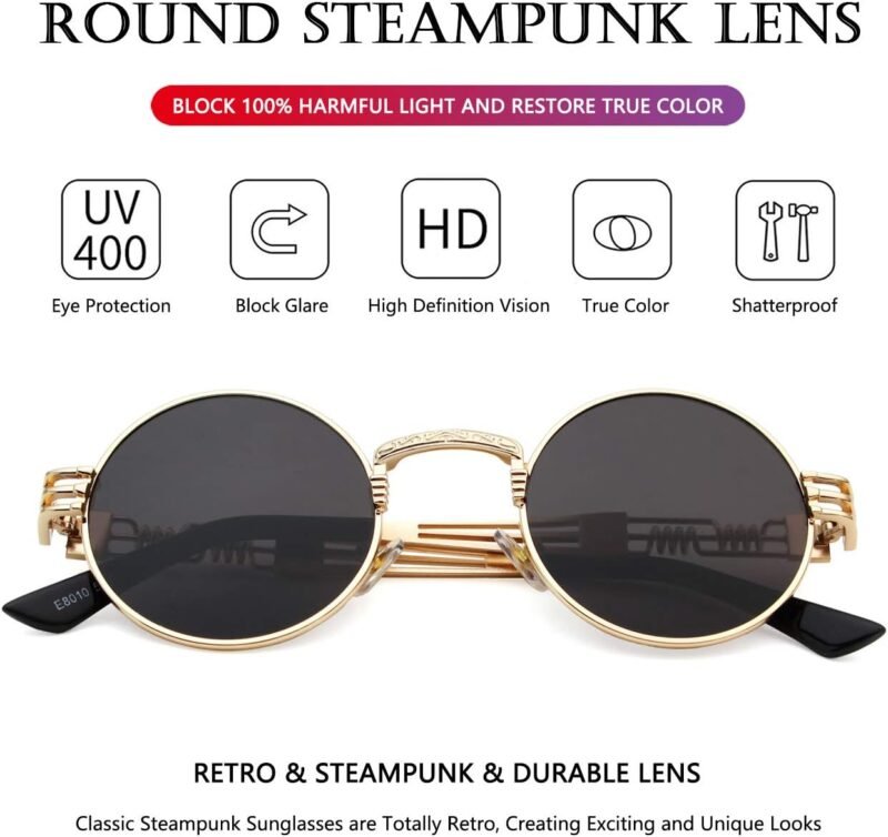 Carsbyvictor Sunglasses Round  Round Steampunk Sunglasses Circle Lennon Hippie Glasses Metal Frame 100% UV Blocking Lens