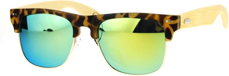 Carsbyvictor Sunglasses Browline Real Bamboo Temple Sunglasses Square Matted Top Mirror Lens UV 400