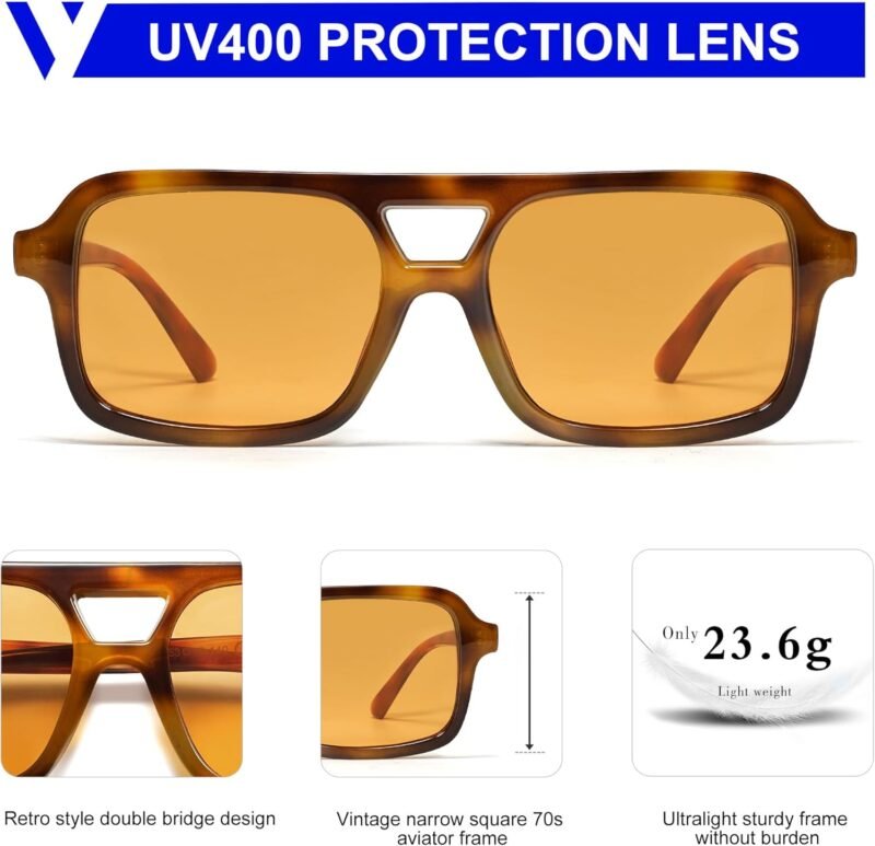 Carsbyvictor Sunglasses Square  Retro 70s Square Aviator Sunglasses for Women Men Vintage Trendy Rectangle Sun Glasses VL9816