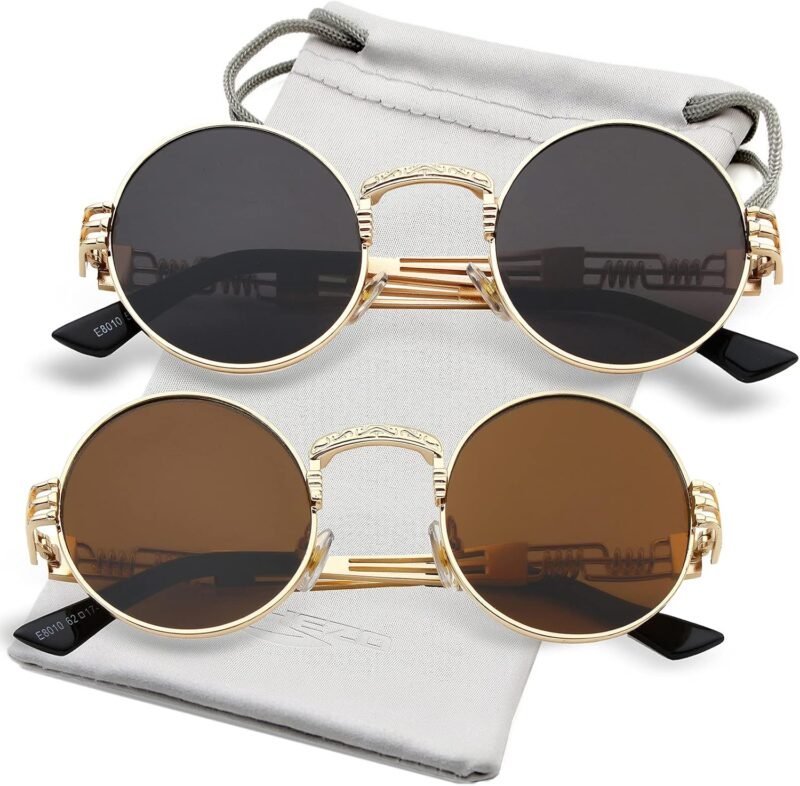 Carsbyvictor Sunglasses Round  Round Steampunk Sunglasses Circle Lennon Hippie Glasses Metal Frame 100% UV Blocking Lens