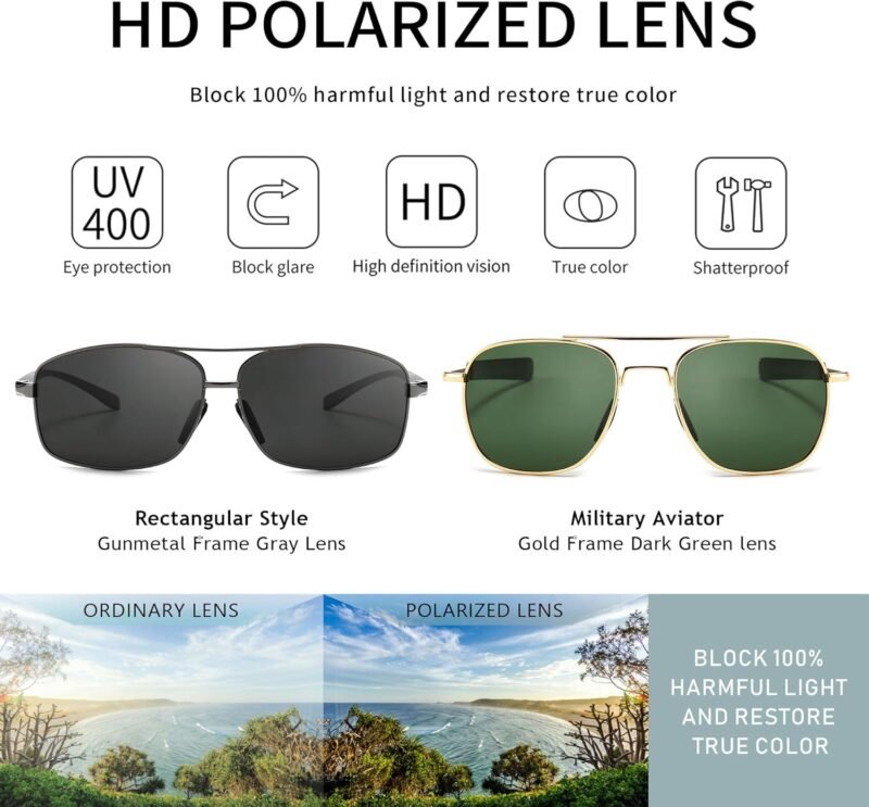 Carsbyvictor Sunglasses Lightweight Rectangular Men’s Sunglasses and Military Style Polarized Pilot  Sunglasses